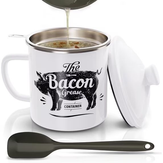 A practical kitchen favorite: White Bacon Grease container with strainer, lid, black spatula, and grease being poured inside.