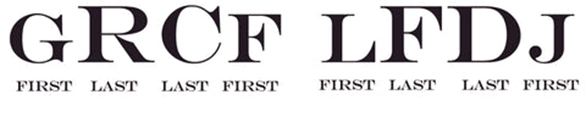 Large black letters GRCF LFDJ with Order of Initials in a Monogram shown below each group in smaller text.