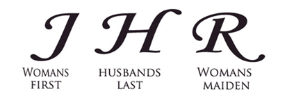 Three large initials in the Order of Initials in a Monogram, with each letter labeled underneath for clarity.