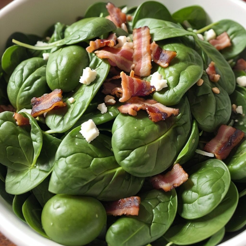 A bowl of fresh spinach salad topped with crispy bacon, white cheese, and a drizzle of spinach salad dressing.