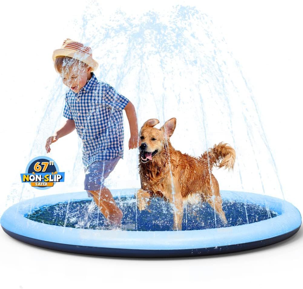 A child and a dog play on a sunny day in a blue splash pad for kids and dogs, with water spraying up around them.