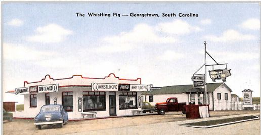 Vintage diner called The Whistling Pig with cars parked outside, famous for its hearty chili in Georgetown, South Carolina.