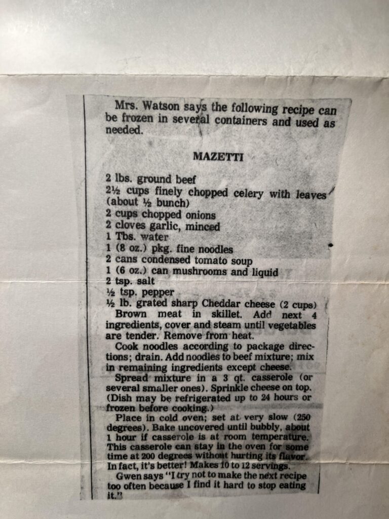 A newspaper clipping with a Marzetti casserole recipe, listing ingredients and cooking instructions in typed text.