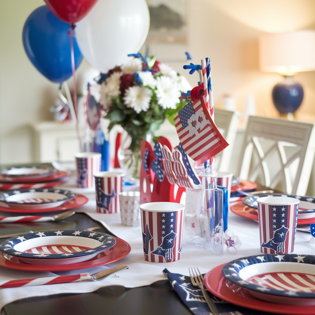 Patriotic-themed table set—great for Best Year-Round Decor Ideas: Stylish Home All Seasons, with USA flag accents.