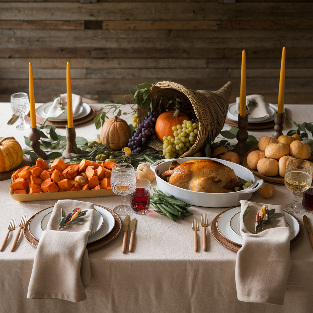 Thanksgiving table with turkey, sweet potatoes, candles, and Thanksgiving Table Decor for festive place settings.