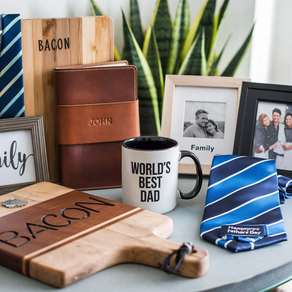 A photo of a table filled with personalized gifts for men. There are several items, including a mug with the text "World's Best Dad", a leather-bound notebook with the name "John", a wooden cutting board with the text "Bacon", a photo frame with the text "Family", and a tie with the text "Happy Father's Day". There is a green plant in the background.