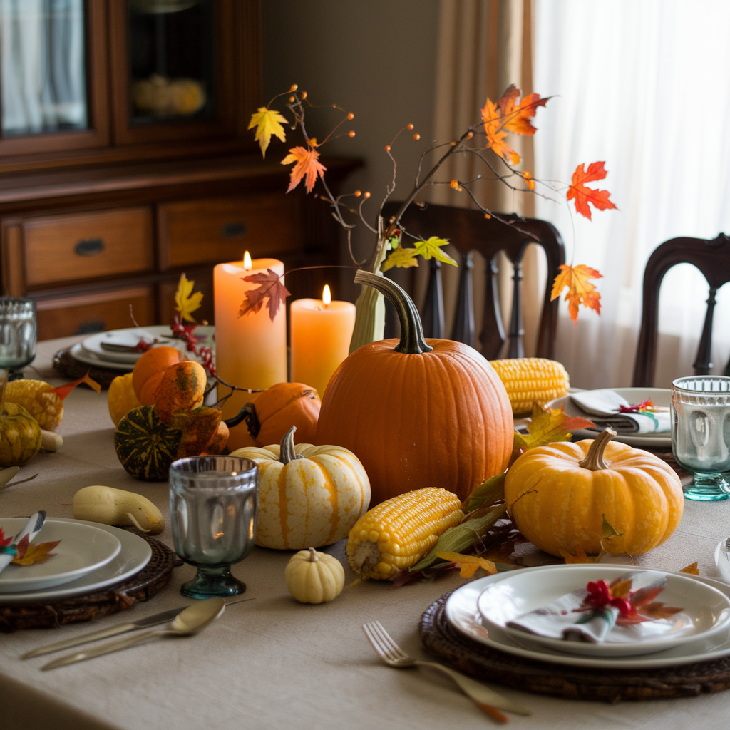 A Thanksgiving table with pumpkins, corn, candles, and gourds as charming Thanksgiving Table Decor and centerpiece accents.