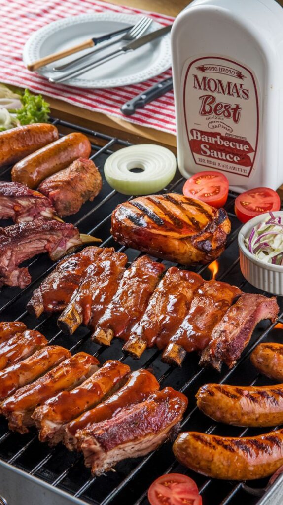 Barbecue grill with ribs, sausages, chicken, veggies, coleslaw, and the best barbeque sauce bottle nearby.