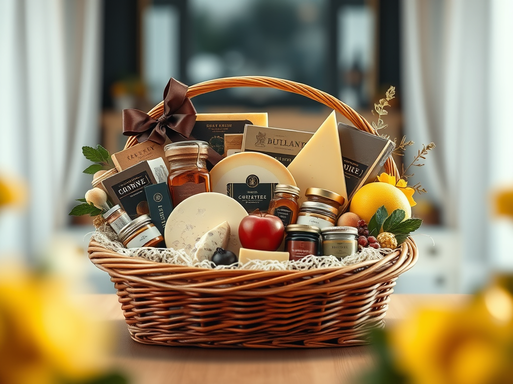 Ultimate Guide to Perfect Gifts: A basket of assorted cheeses, jars, red apple, grapefruit, and a brown ribbon.
