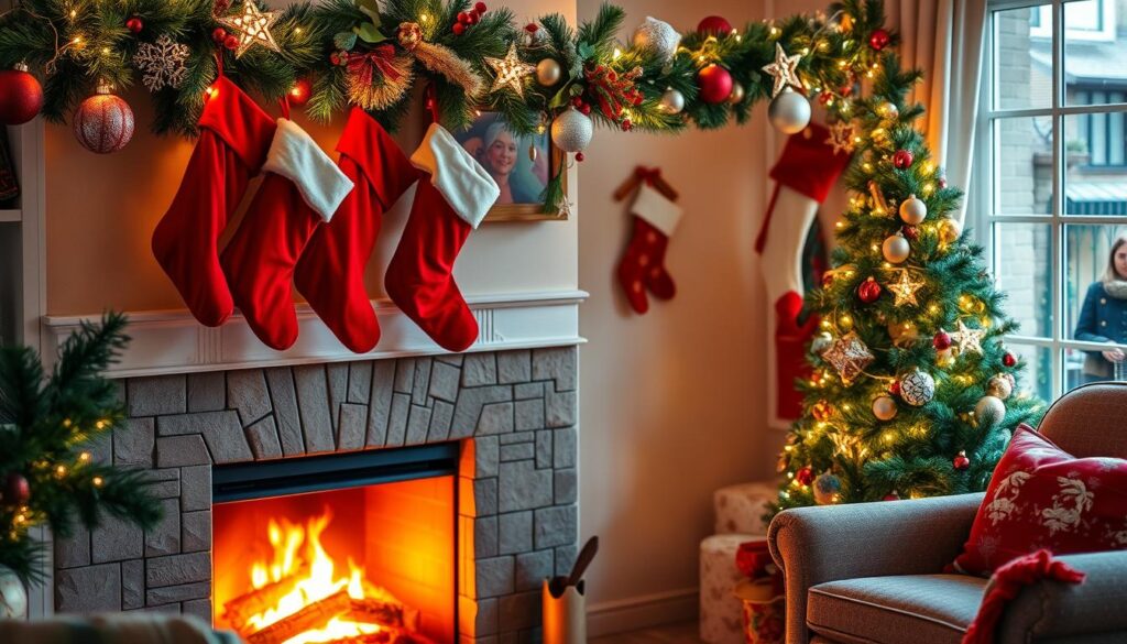 Christmas stocking display with lights and decorations Christmas stocking display with lights and decorations