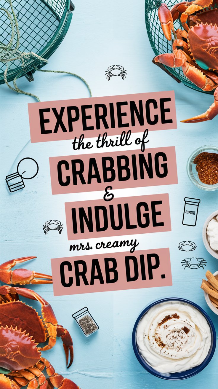 Cooked crabs, zesty Crab Dip, and seasonings surround a sign: “Experience the thrill of crabbing & indulge crab dip.”