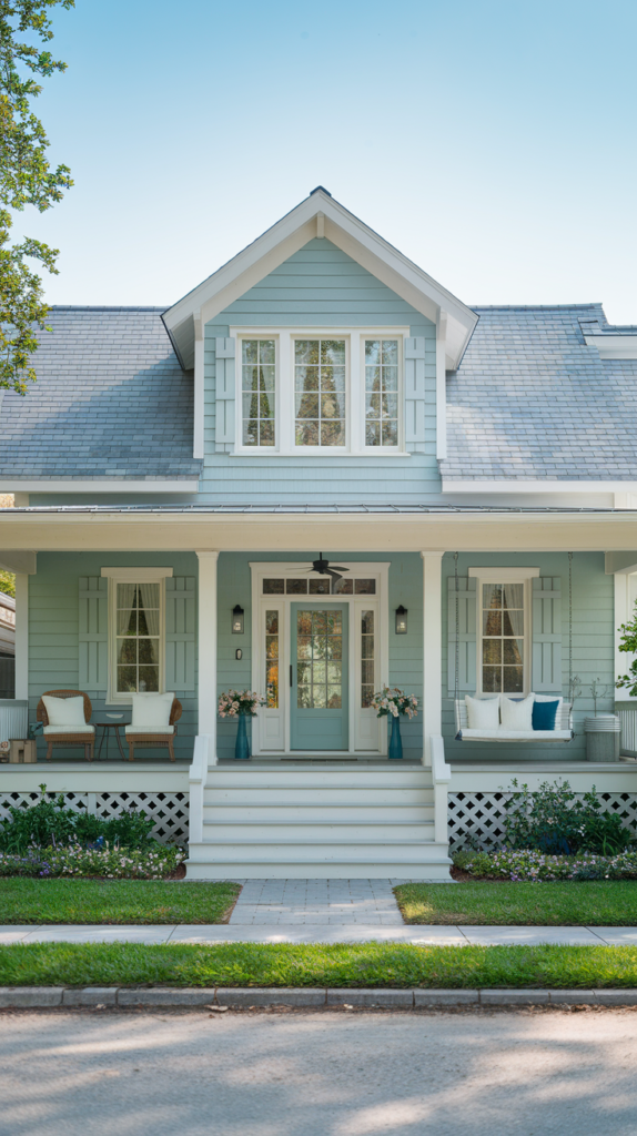 Light blue house with white trim features Haint Colors in the South, front porch, two benches, and a manicured lawn.