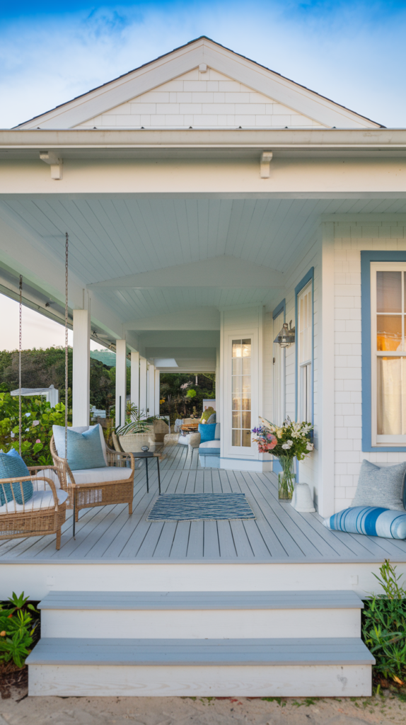 Charming front porch with blue haint colors in the South, wicker chairs, striped cushions, and flowers by the door.