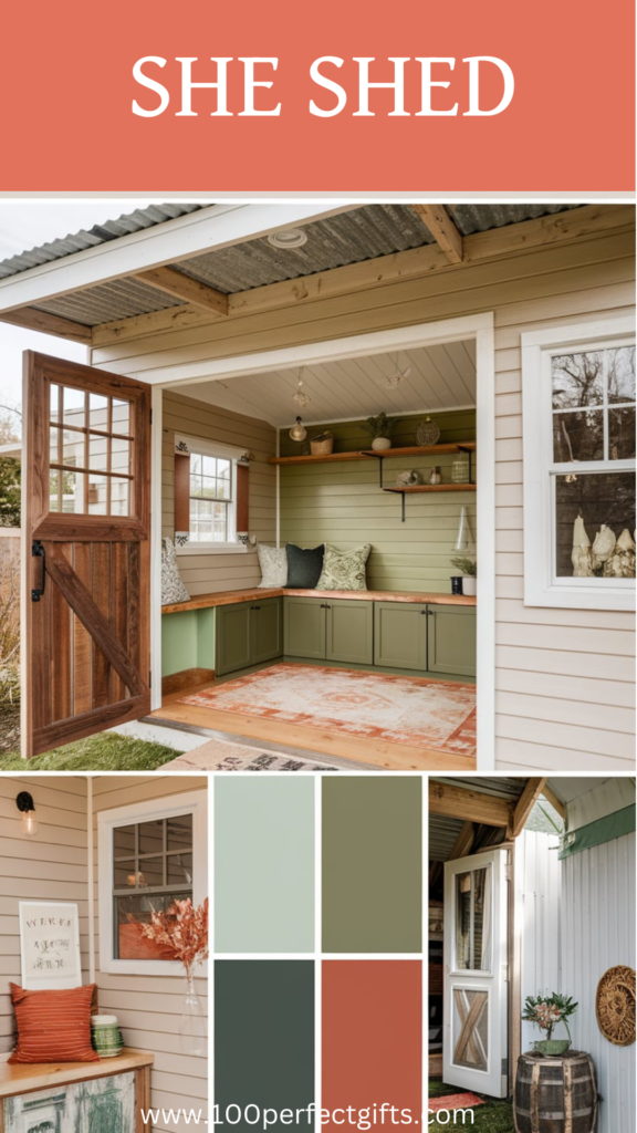 Small cozy She Shed with green cabinets, wood accents, cushions, decor, and a palette of earthy colors below.
