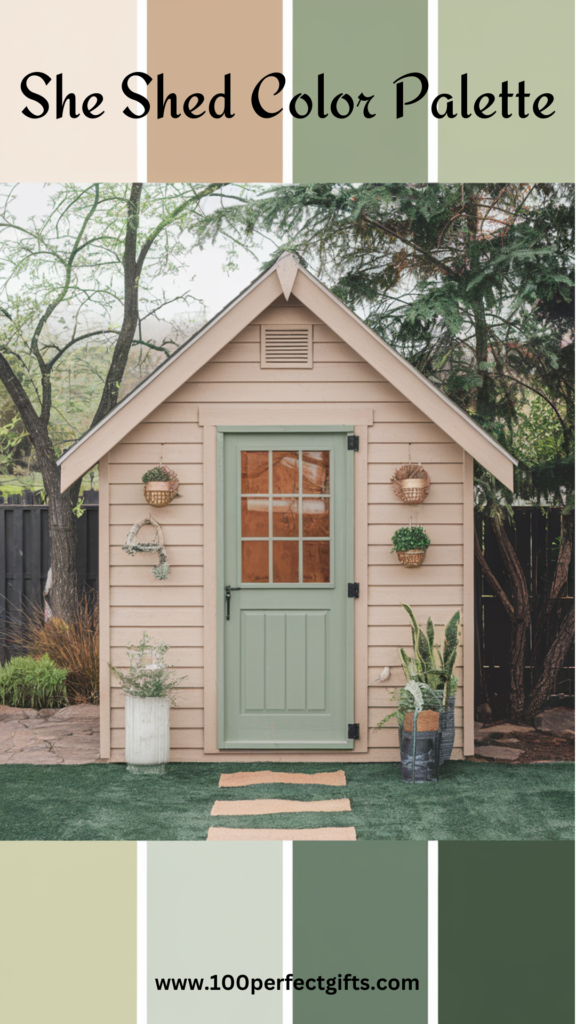 A tan She Shed with a green door, surrounded by greenery, features a green and beige color palette.