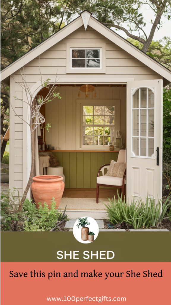 Small beige She Shed with open door, cozy seating, plants, and text sharing She Shed ideas plus a website link.