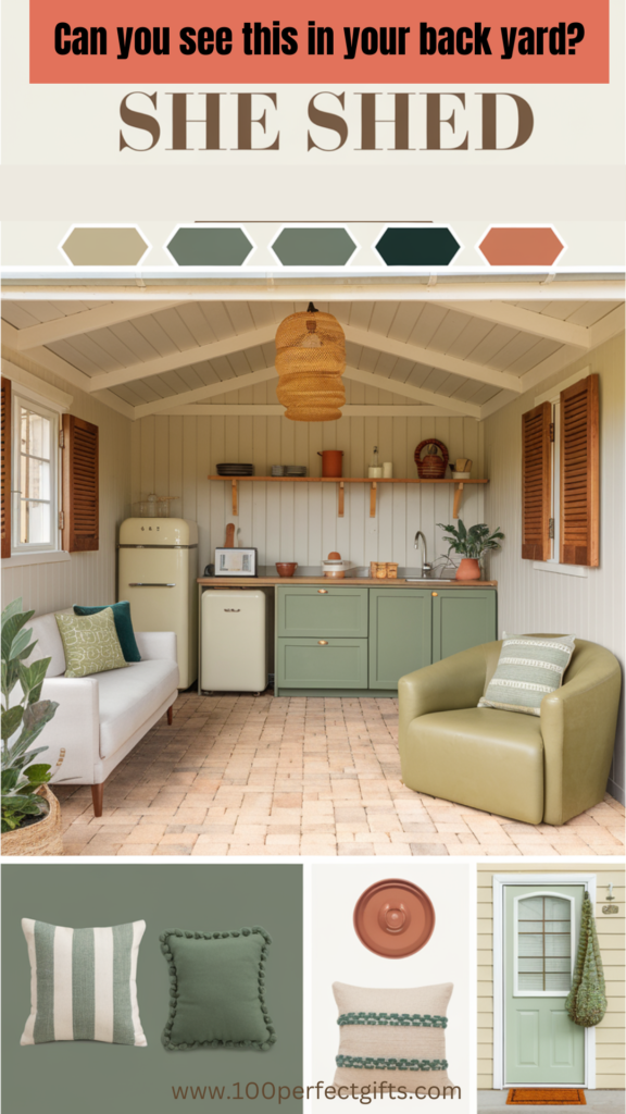 Charming She Shed with green and neutral decor, mini fridge, comfy armchair, plush pillows, and garden accents.