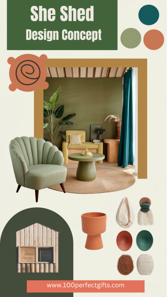 She Shed retreat featuring sage green, terracotta, and cream decor, cozy furniture, lush plants, and tranquil color palette.