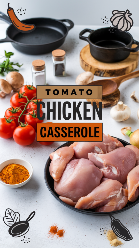 Raw chicken, fresh tomatoes, and spices await on the counter for a warm winter one dish mealโtomato chicken casserole.