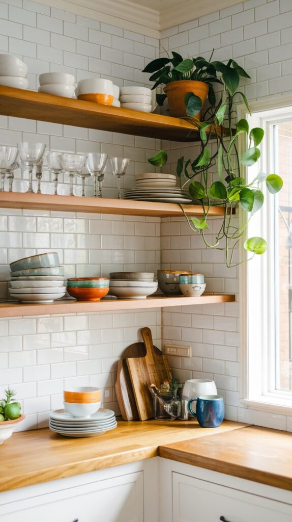 Organize small kitchen essentials on wood shelves with dishes, glasses, a potted plant, and cutting boards in natural light.
