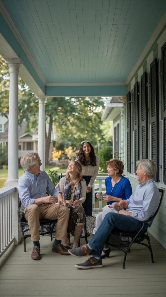 A modern Southern porch with a Haint Blue ceiling and cozy seating area.