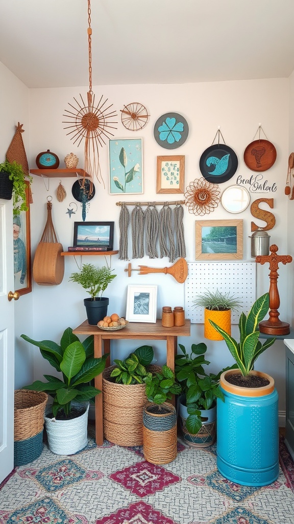 A beautifully decorated interior of a cozy she shed featuring plants, wall art, and rustic decor.
