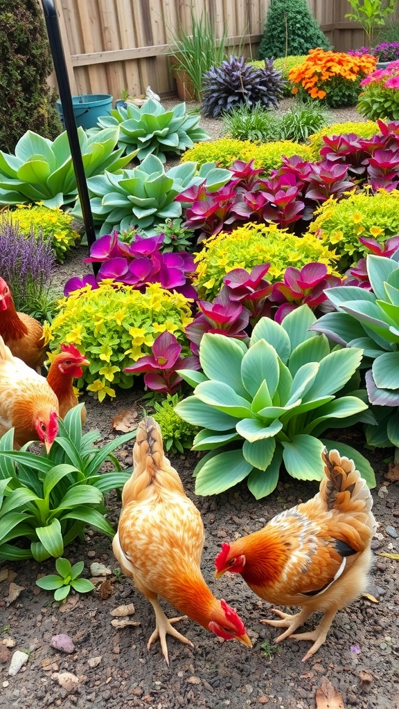 Chickens in a colorful garden filled with various plants.