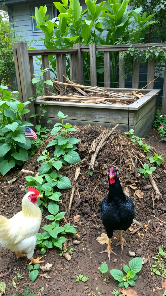 A pile of chicken waste and natural debris with chickens nearby in a garden setting.