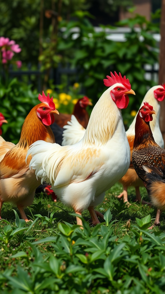 A group of colorful chickens in a lush garden setting.