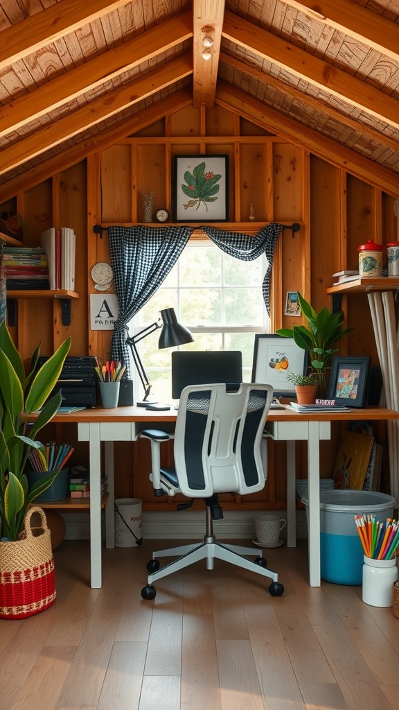 Interior of a cozy she shed workspace with wooden walls, a desk, and plants.