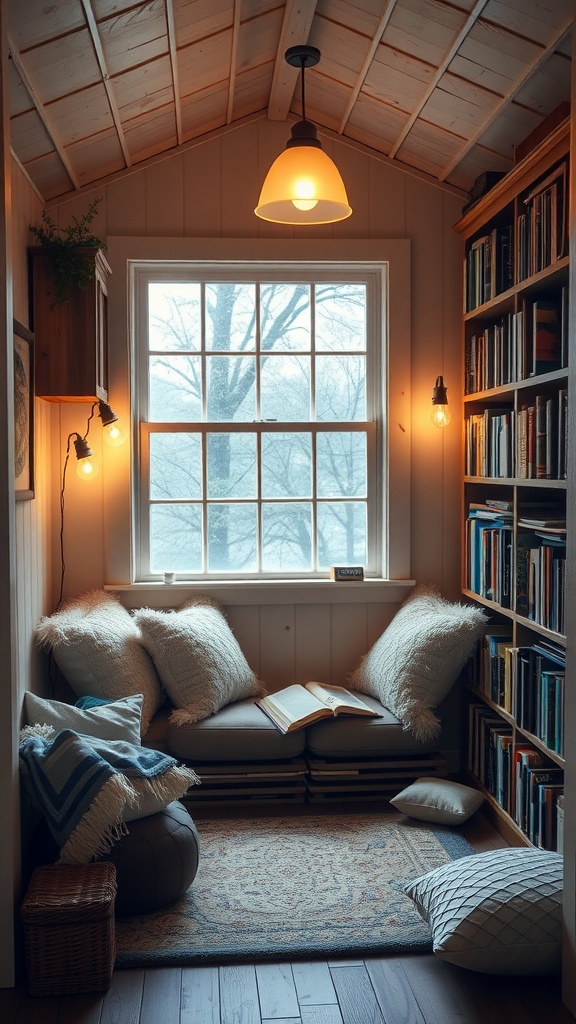 Cozy reading nook in a she shed with bookshelves, soft cushions, and a warm atmosphere.