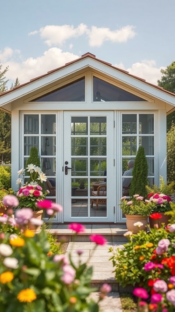 Cozy she shed surrounded by colorful flowers in a garden