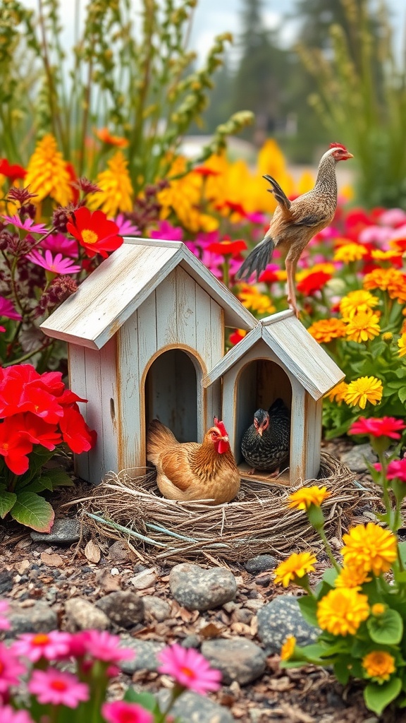 A colorful garden scene featuring two chickens in a cute wooden nesting box surrounded by vibrant flowers.