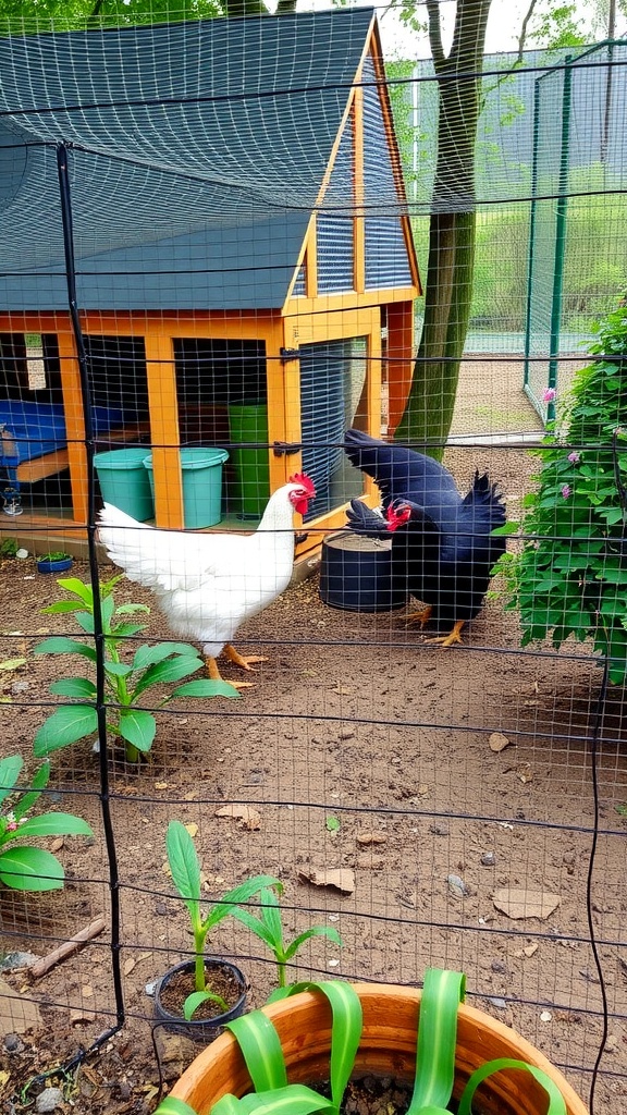 A backyard chicken coop with two chickens in a fenced area, surrounded by plants.
