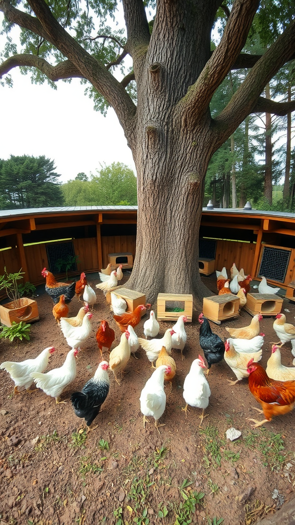 A beautifully landscaped chicken coup garden featuring decorative elements like colorful flowers, two charming chicken coops, and seating areas.