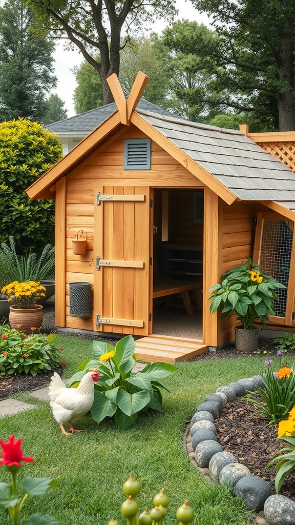 A charming wooden chicken coop surrounded by colorful flowers and a chicken in a well-maintained garden.
