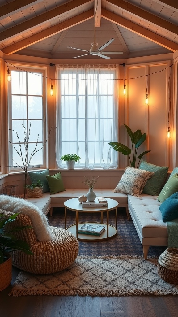 Cozy interior of a she shed with soft lighting, comfortable seating, and plants.