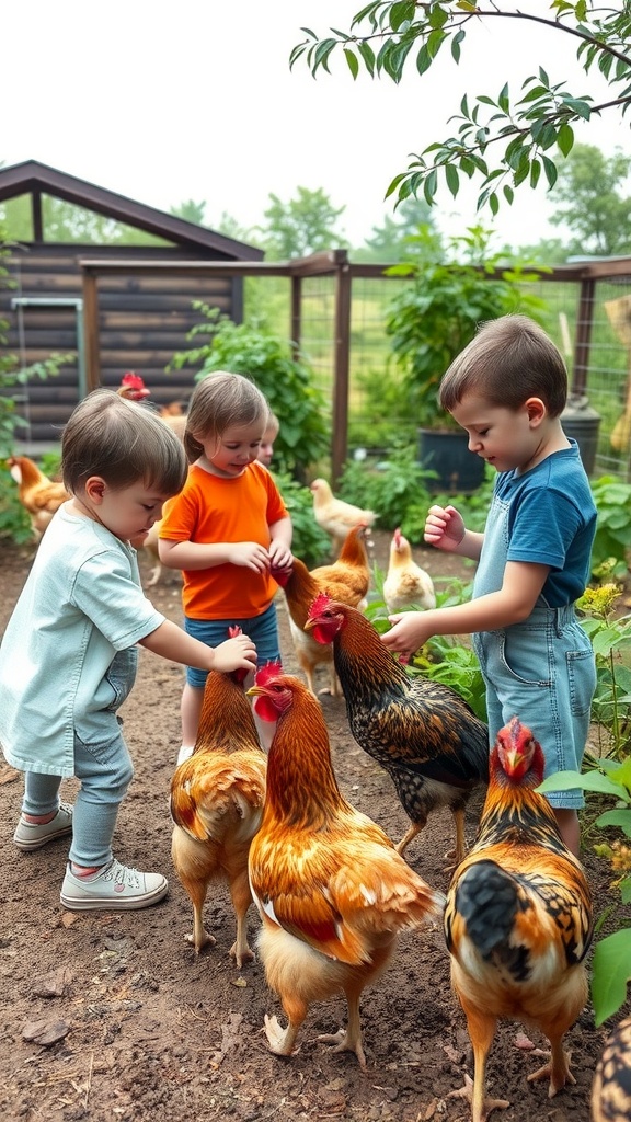 Children playing with chickens in a garden with a chicken coop in the background
