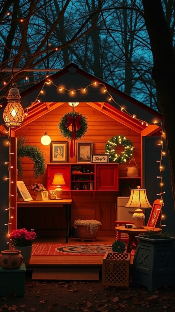 A cozy she shed illuminated by warm lights, featuring a rustic interior with wooden accents and inviting decor.
