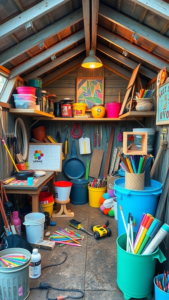 A cozy and colorful crafting space inside a she shed, filled with art supplies and tools