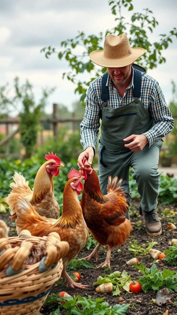 A farmer in a straw hat feeding chickens with kitchen scraps in a garden.