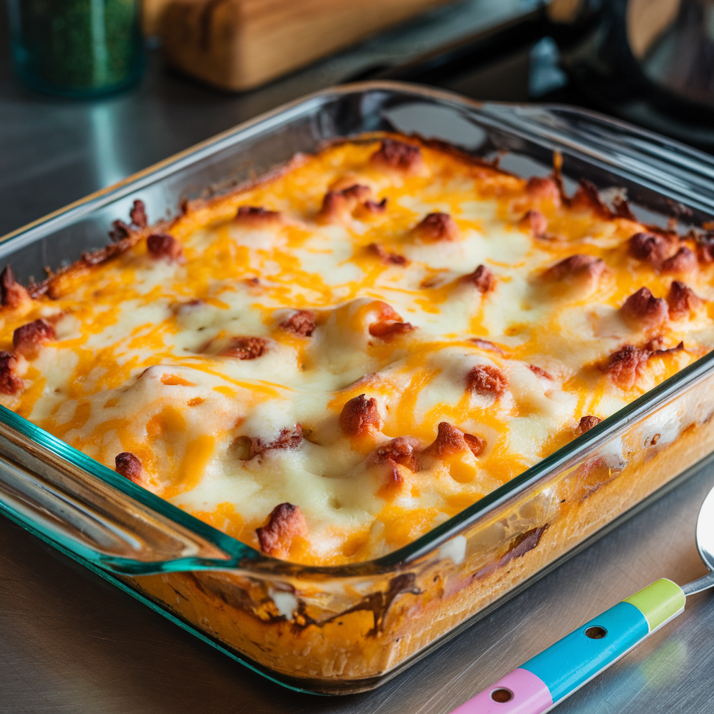 A glass baking dish filled with cheesy, golden-brown baked lasagnaโa perfect warm winter one dish meal on the counter.