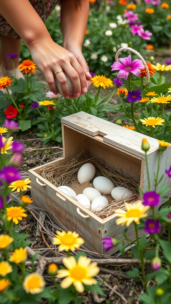 A wooden box filled with eggs surrounded by colorful flowers in a garden setting.