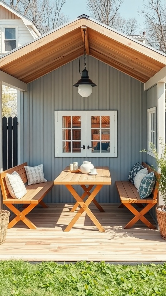 Cozy she shed with wooden furniture and warm colors