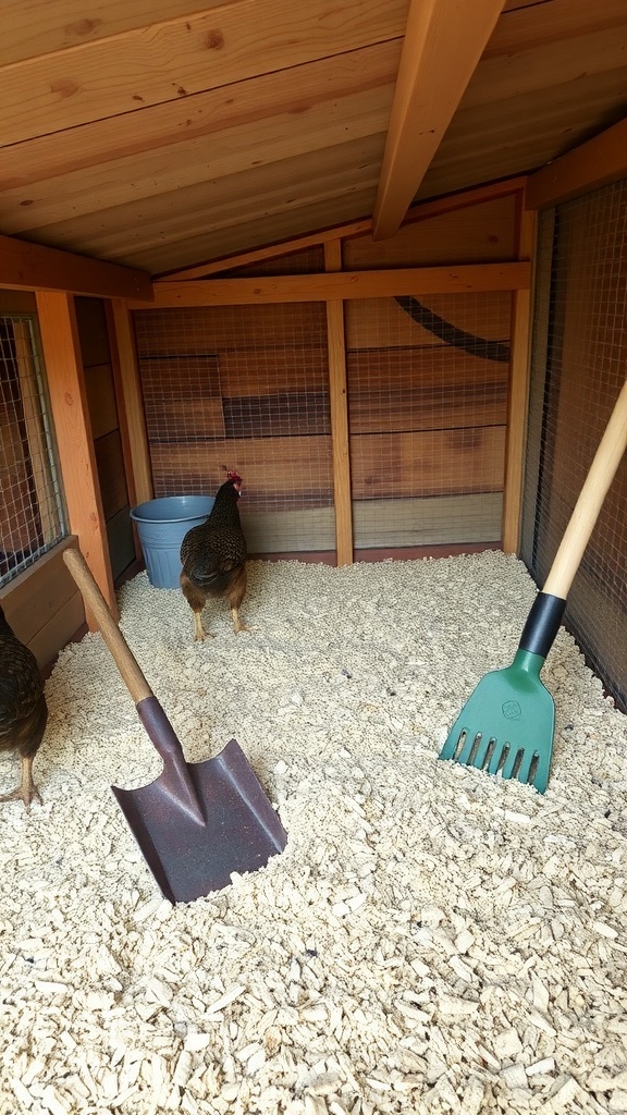 Interior view of a clean chicken coop with chickens and cleaning tools