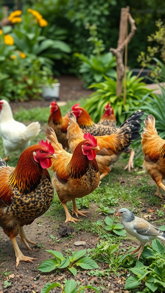 A group of chickens in a garden, showcasing natural pest control.