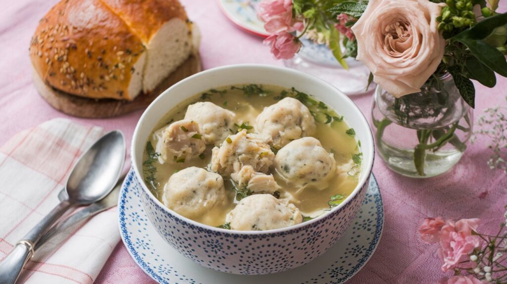 A bowl of matzo ball soup with herbsโperfect for Warm Winter One Dish Mealsโbeside bread and pink flowers.