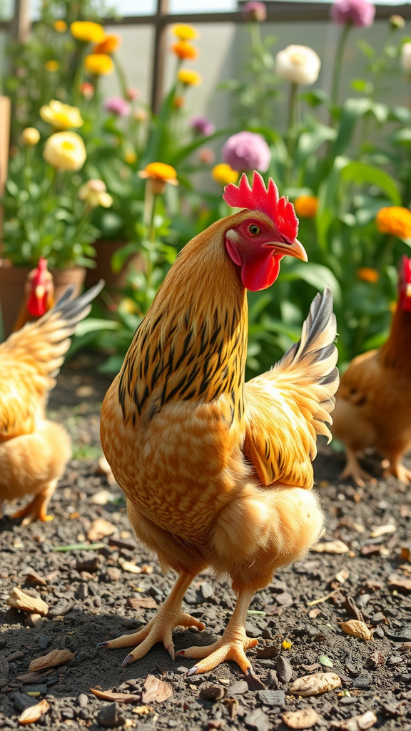 A calendar and chickens in a garden setting