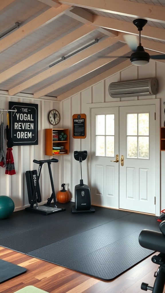 A cozy home gym setup inside a she shed with exercise equipment and warm decor.