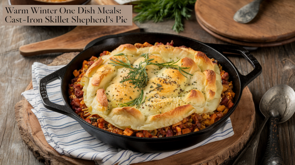 A cast-iron skillet of Moma's Shepherd's Pie, topped with golden pastry and rosemary, sits on a rustic table.